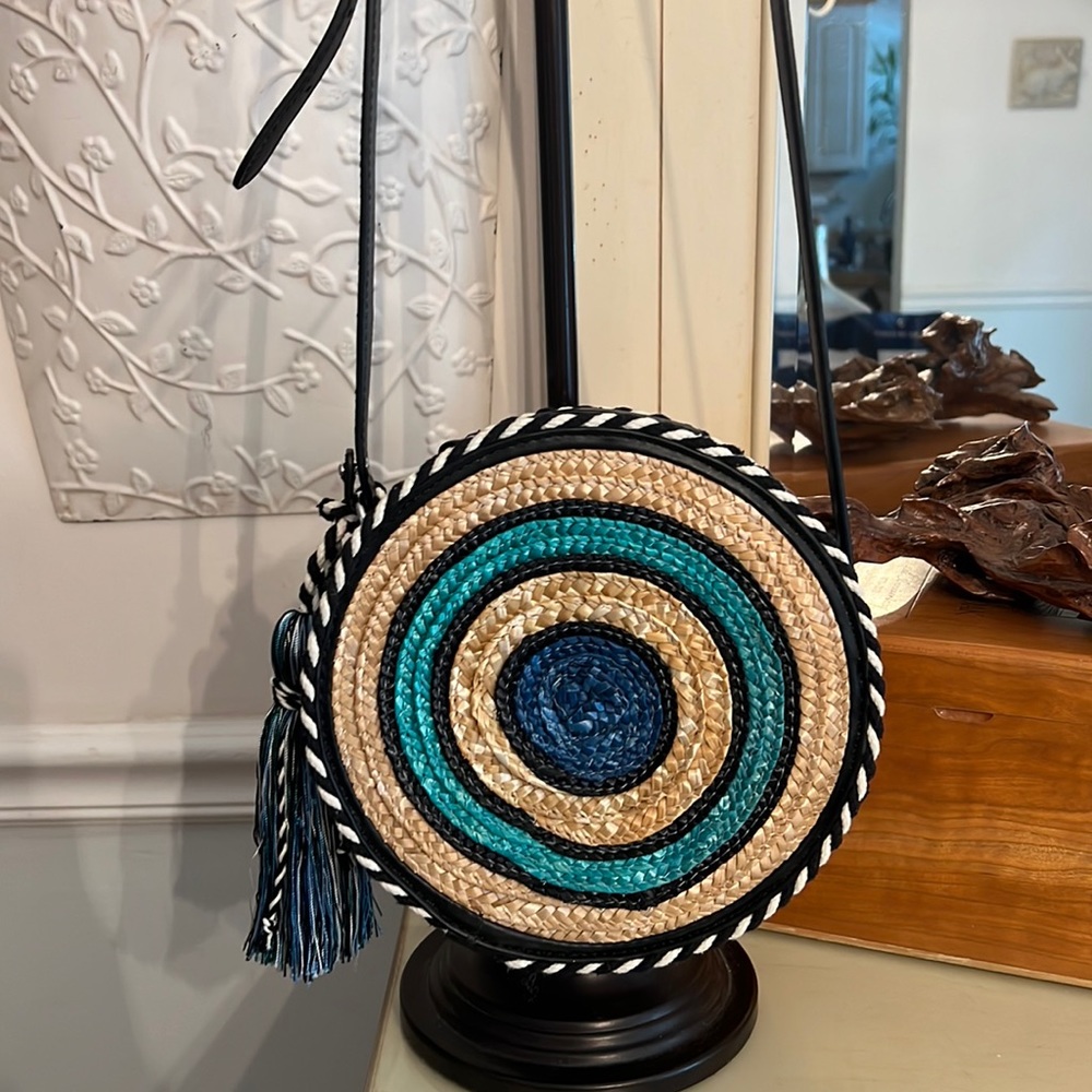 Rebecca Minkoff Natural Straw Crossbody with Blue and Teal Accents